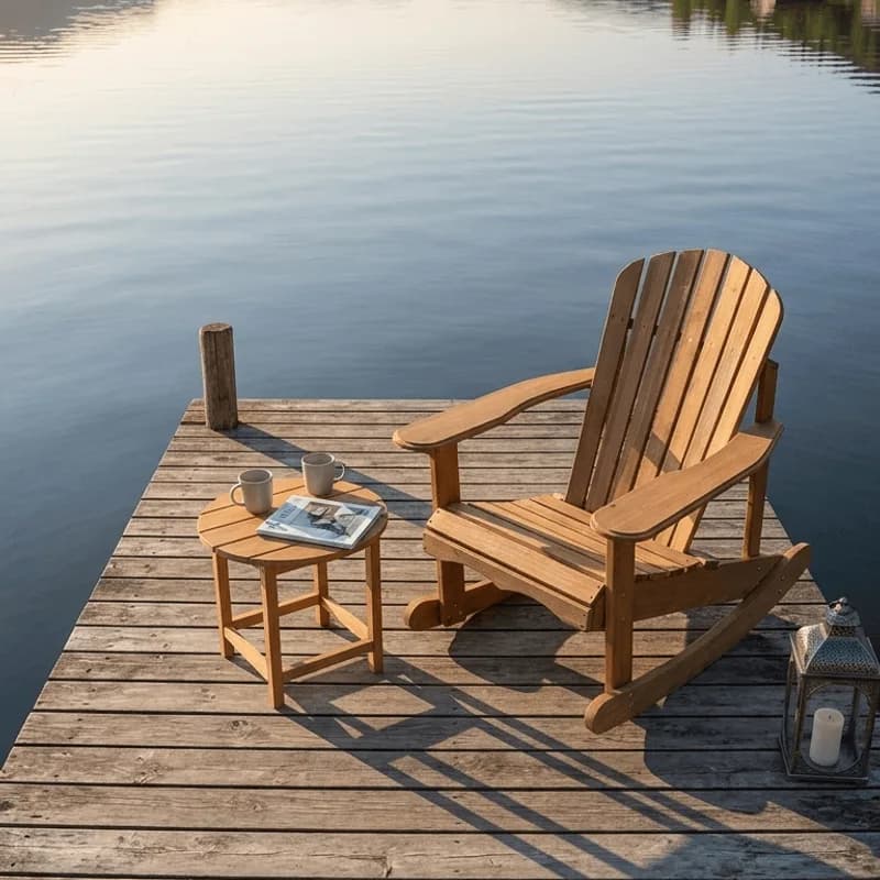 Adirondack gyngestol og kaffebord på brygga ved vannet