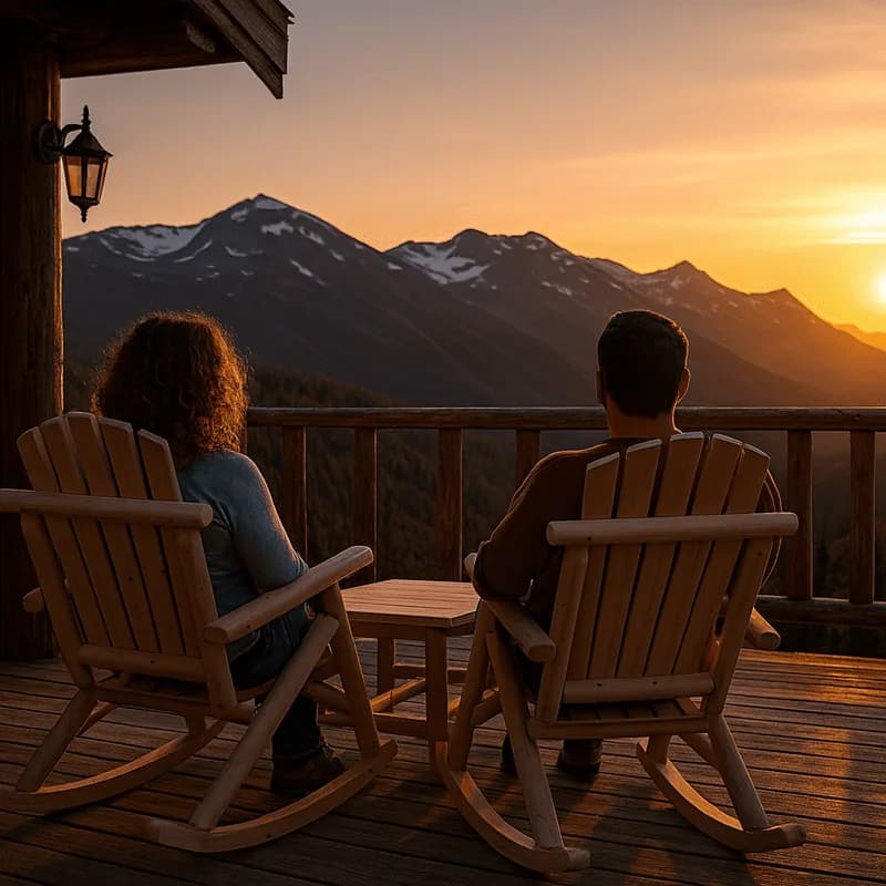 To gyngestoler i solnedgang på hytteterrassen